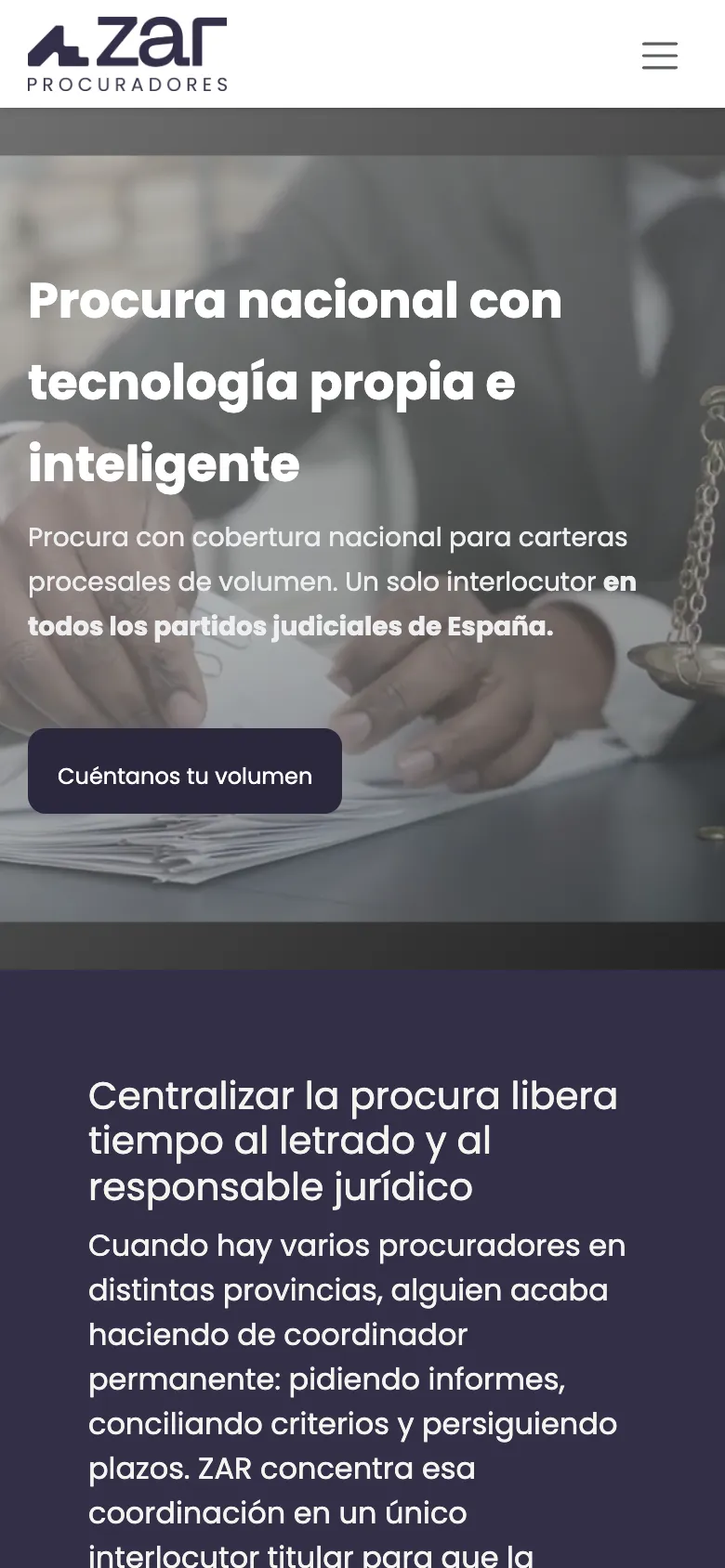 La web de ZAR Procuradores en el móvil